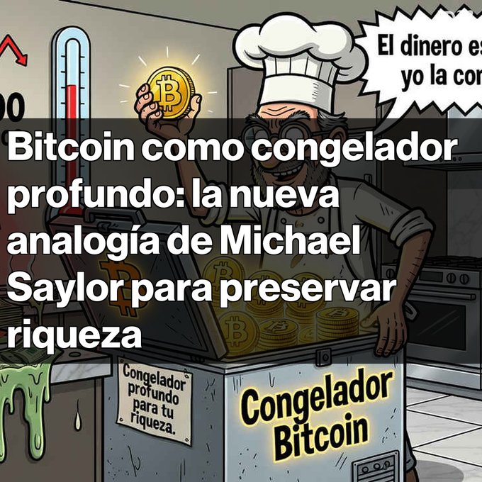 A cartoon illustration of a chef holding a Bitcoin coin above a freezer labeled 'Congelador Bitcoin' with a speech bubble saying 'El dinero es yo la con...', overlaid with Spanish text 'Bitcoin como congelador profundo: la nueva analogía de Michael Saylor para preservar riqueza'.
