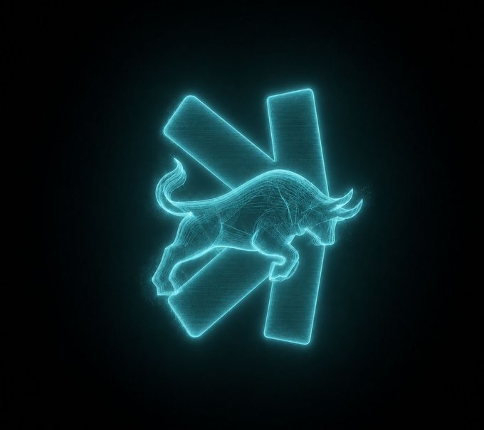 A glowing cyan holographic-style image displays a bull leaping in front of a large stylized "K" logo, representing the $KAS cryptocurrency mentioned in the post. The bull imagery symbolizes the bullish market sentiment and growing holder base (294,000 active) being celebrated for Kaspa.