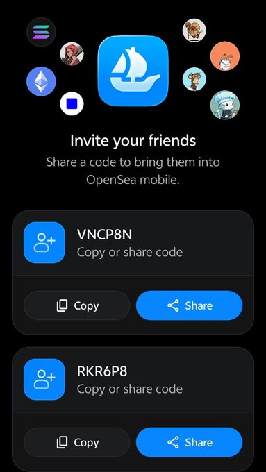 An OpenSea mobile invite screen displaying referral codes "VNCP8N" and "RKR6P8" with copy and share buttons, surrounded by NFT avatar icons.