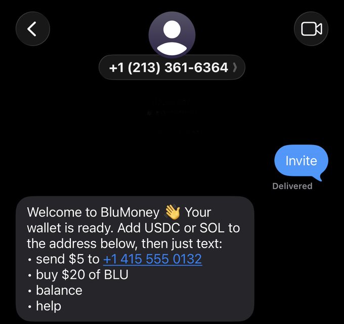 A screenshot of a text message conversation with +1 (213) 361-6364 showing a 'Welcome to BluMoney' message instructing the user to add USDC or SOL to fund their wallet, with an 'Invite' bubble marked 'Delivered'.