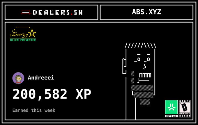 A profile page on DEALERS.SH displaying user 'Andreeei' with 200,582 XP earned this week, featuring an ASCII art face, an 'Energy Degen Preventer' logo, and age verification badges.