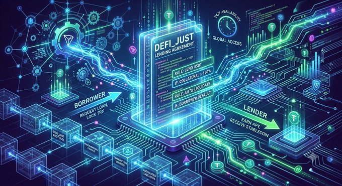 A digital illustration of a DeFi lending agreement system, showing a central smartphone interface labeled 'DEFI LENDING AGREEMENT' with arrows indicating a 'BORROWER' requesting loan lock transactions and a 'LENDER' earning APY and receiving stablecoin rewards.