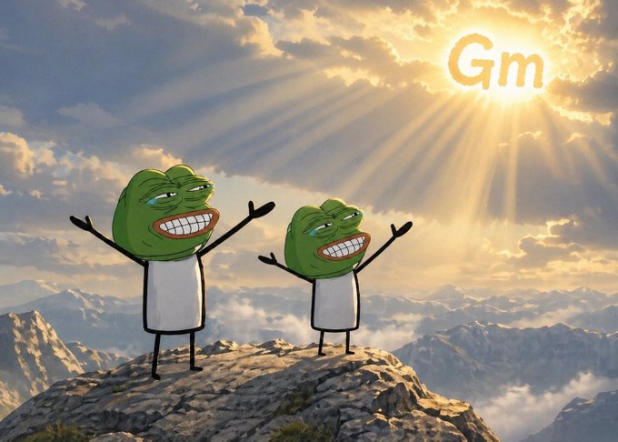 The image features two cartoon frogs standing on a rock, both with their arms raised high as if they are celebrating or expressing joy. They appear to be wearing white shirts and green faces, which adds to the whimsical nature of the scene. The background shows a beautiful mountain landscape under a bright sun, creating a visually appealing contrast between the vibrant colors of the frogs' outfits and the natural surroundings. The image also includes text that reads "gm good morning The best products are usually the ones with a great user experience. That'S one reason these projects stand out to me."