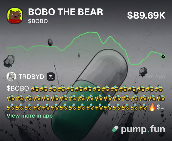 A promotional graphic for 'BOO BO THE BEAR' ($BOBO) on pump.fun showing a value of $89.69K, with a green line chart and a large pill capsule graphic in the background.