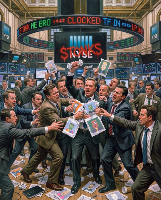 A chaotic illustrated scene on a stock exchange floor (NYSE) with angry traders shouting and holding papers under a digital banner reading 'STONK ME BRO **** CLOCKED TF IN **** UP ONLY' and a screen displaying 'STONKS'.