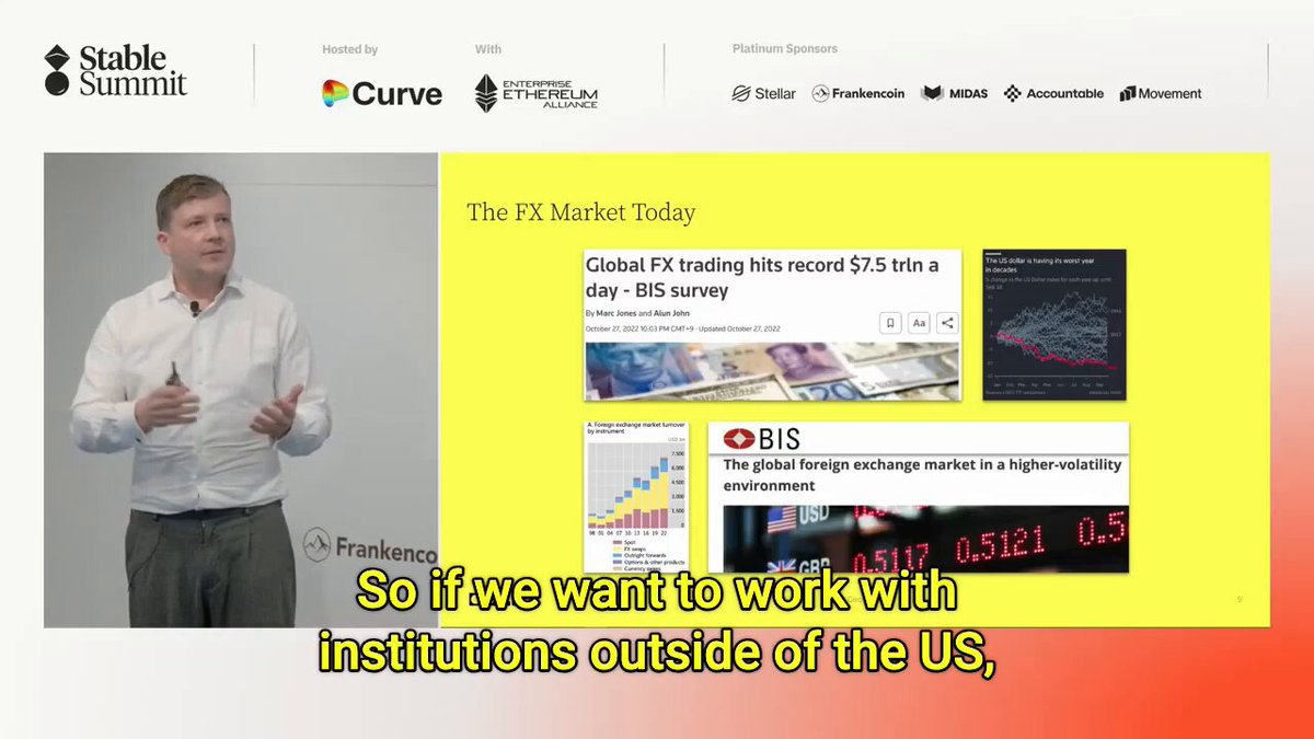 The image features a man standing next to a computer screen, likely giving a presentation or discussing a topic related to the FX market. The background of the image shows a yellow wall with text that reads "@UpDownxyz" and "@Stable_Summit". This suggests that the image is part of a larger discussion about the potential of onchain FX and its impact on institutions outside of the U.S.