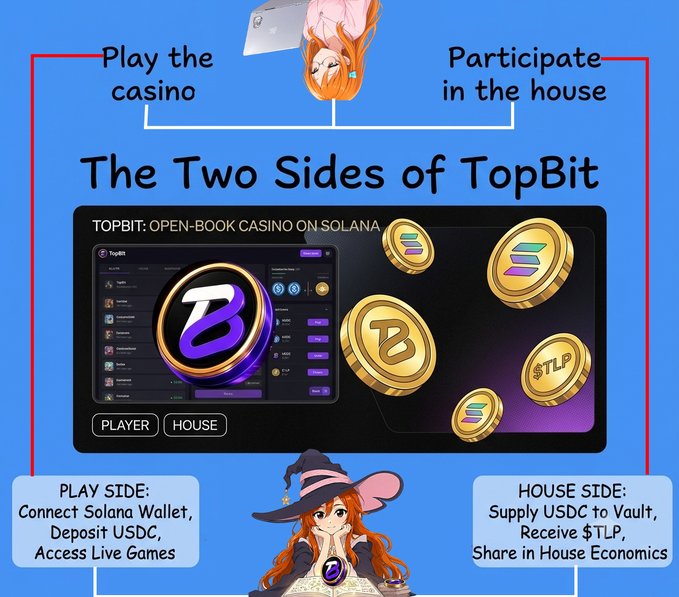 Promotional graphic for 'TopBit: Open-Book Casino on Solana' titled 'The Two Sides of TopBit,' featuring an anime-style witch character and explaining Play and House sides with TLP tokens.