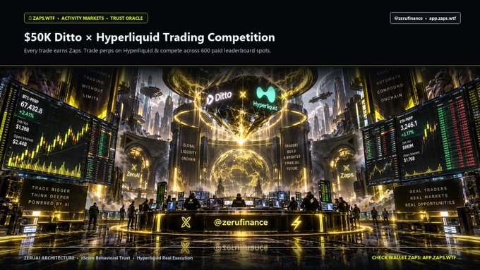 A promotional banner for a '$50K Ditto × Hyperliquid Trading Competition' on ZAPS.WTF, featuring a dark, futuristic digital trading arena with screens displaying BTC prices and tagline text like 'TRADING WITHOUT LIMITS' and 'REAL TRADERS, REAL MARKETS, REAL OPPORTUNITIES.'