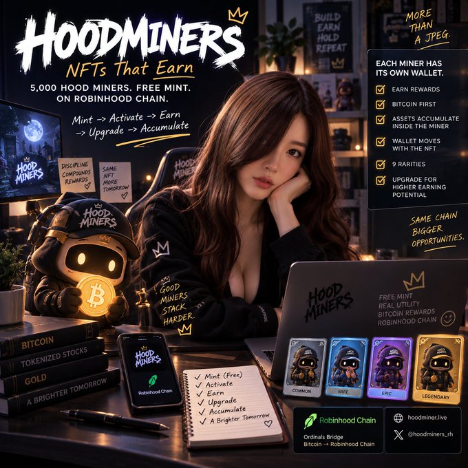 A promotional graphic for 'HOODMINERS NFTs That Earn' featuring a woman at a desk with Bitcoin-themed imagery, a character mascot holding Bitcoin, and details about 5,000 free mints on the Robinhood Chain.