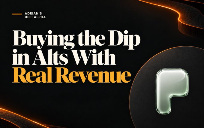 A promotional graphic with text reading 'ADRIAN'S DEFI ALPHA' and 'Buying the Dip in Alts With Real Revenue' next to a metallic logo.