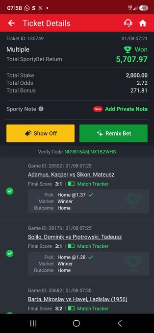 A mobile sports betting app showing a winning ticket with a return of $5,707.97 from a $2,000 stake, featuring successful picks on tennis and football matches including Adamus/Kacper vs Sion/Mateusz.