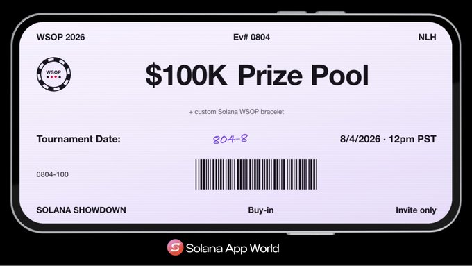 Digital ticket for WSOP 2026 NLH $100K Prize Pool Solana Showdown on 8/4/2026 at 12pm PST, featuring a custom Solana WSOP bracelet.