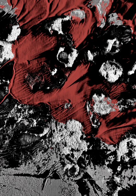 An abstract, heavily stylized artwork featuring a red face or hand-like form emerging from black and white textured, paint-splattered patterns.