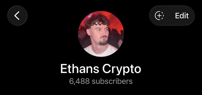 This image shows a profile header for "Ethans Crypto" with 6,488 subscribers, featuring a young man with dark hair and a beard as the profile picture. The post promotes the channel by highlighting impressive gains from past Telegram memecoin calls, including $ANSEM at 7x, $Harambe at 36x, $Bloxx at 12x, and $Everest at 55x, inviting viewers to join the channel at t.me/EthansCrypto.