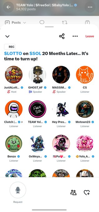 A Twitter Spaces interface showing the 'TEAM Yolo | $FreeSol' space recording titled '$LOTTO on $SOL 20 Months Later... It's time to turn up!' with multiple speaker and listener avatars.