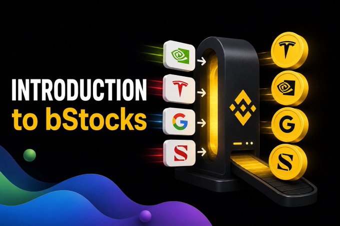 The image is a promotional graphic titled "INTRODUCTION to bStocks" that illustrates tokenized stocks, showing logos of major companies (NVIDIA, Tesla, Google, and Sui) being converted into golden token coins through a Binance-themed machine, visually representing how blockchain technology transforms traditional equities into digital assets.