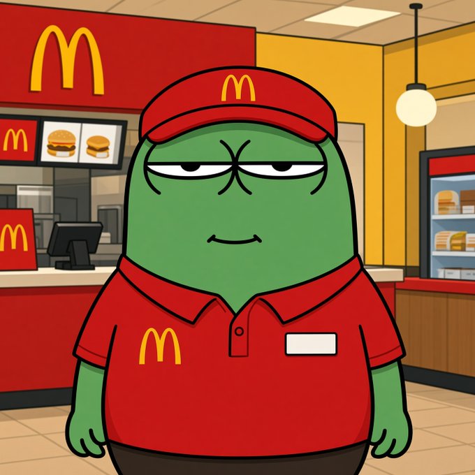 A cartoon illustration of a green-faced character wearing a red McDonald's uniform and visor, standing inside a McDonald's restaurant.