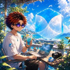 An anime-style character with orange hair and sunglasses sits at an outdoor workspace with a laptop, coffee, and a floating holographic "M" logo in the background. The imagery of a relaxed trader at a serene desk parallels the post's theme of overcoming the anxiety of price volatility by using TermMaxFi's $AERO dual investment for a calmer, more strategic approach to crypto trading.
