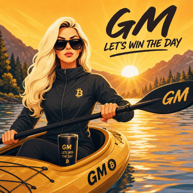 A digital illustration featuring a blonde woman in sunglasses and a black Bitcoin logo jacket paddling a kayak with "GM" written on the paddle, alongside the text "GM LET'S WIN THE DAY" over a sunset landscape.