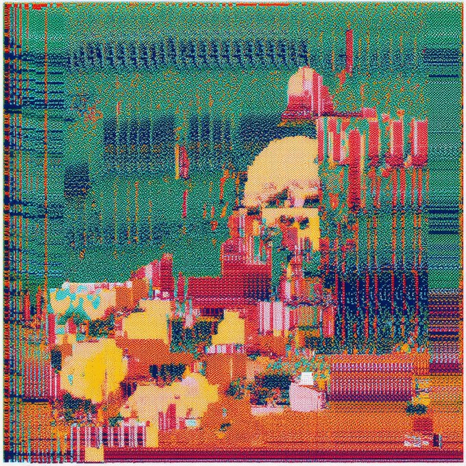 A pixelated, glitch-art style image with distorted orange, teal, and red colors creating an abstract composition with vertical stripes.