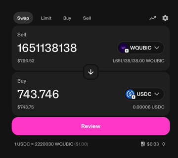 A cryptocurrency swap interface showing a Sell of 1,651,138.138 WOUBIC ($766.52) for a Buy of 743.746 USDC ($743.75), with a pink Review button at the bottom.