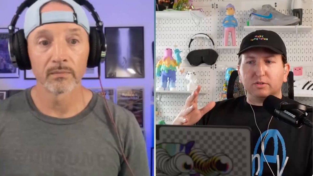 The image shows two men wearing headphones, with one man speaking into a microphone while the other listens attentively. The background features various items such as a wall adorned with pictures and a shelf filled with toys. A notable item displayed on the shelf is a toy duck. The caption below the image reads "Thanks so much @ ChrisJourdan for having me on this morning to chat about the Doodles x Mondrian drop For anyone who is curious, the @opensea article below is a fantastic deep dive into this iconic collection".