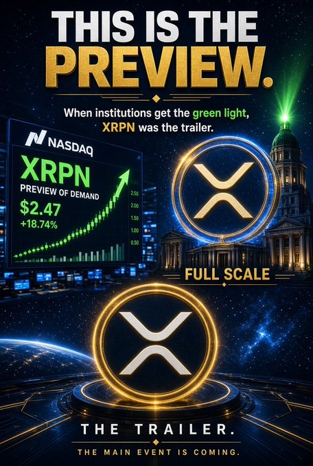 A promotional graphic with the text 'THIS IS THE PREVIEW. When institutions get the green light, XRPN was the trailer' and 'THE MAIN EVENT IS COMING', featuring the XRPN ticker on a Nasdaq-style chart showing $2.47 and +18.74%.