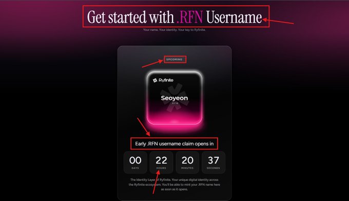 A promotional screen for 'Get started with .RFN Username' on the Ryfina platform, showing a countdown timer of '00 Days, 22 Hours, 20 Minutes, 37 Seconds' until early RFN username claims open.