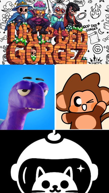 A four-panel collage showing the 'DROP DEAD GORGEZ' graffiti logo, a purple character from 'The Thaw', a monkey emoji, and a cat in an astronaut helmet.