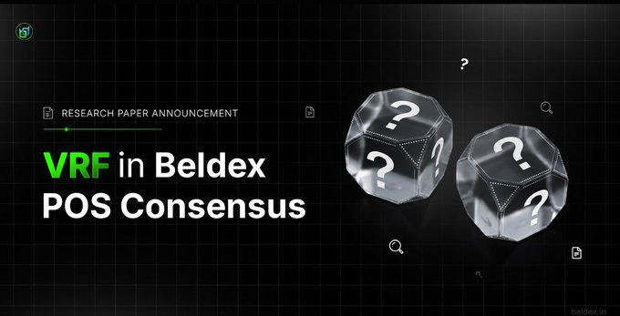 A digital graphic announcing a research paper with the text "RESEARCH PAPER ANNOUNCEMENT" and "VRF in Beldex POS Consensus," featuring two transparent dice with question marks.