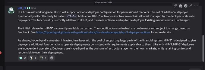 A Discord message from user 'jeff' dated 3 September announcing HIP-3, an optional deployer configuration for permissioned markets on the Hyperliquid infrastructure layer.