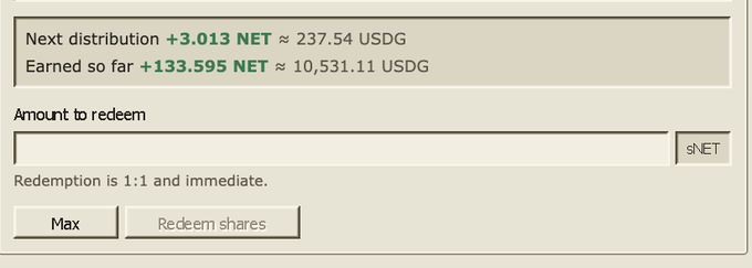 The image shows a staking redemption interface for the $NET token, displaying a next distribution of +3.013 NET (≈237.54 USDG) and total earnings of +133.595 NET (≈10,531.11 USDG), with a 1:1 immediate redemption option. This visual supports the post's bullish claim about $NET's staking rewards, illustrating the high APY returns being generated from staking the supply.