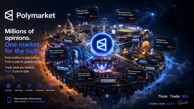 A Polymarket promotional graphic featuring a floating futuristic cityscape showcases real-time prediction market percentages across categories like Politics (Trump 2024: 71% Yes vs 29% No), Sports, Crypto, Economy, and Entertainment, with odds like Bitcoin hitting $100k in 2023 at 62% Yes. The image's diverse market probabilities visually reinforce the post's point about how prediction markets reveal varying levels of certainty—from distant speculative events to nearer-term outcomes where uncertainty naturally decreases as deadlines approach.