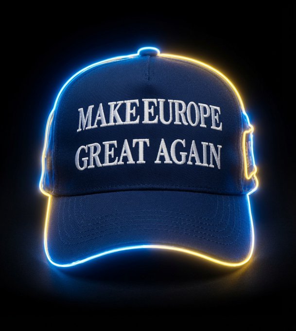 A dark blue baseball cap with the embroidered text "MAKE EUROPE GREAT AGAIN" is outlined with glowing blue and yellow neon lighting against a black background. The neon colors match the imagery of the accompanying post, which promotes the "$MEGA" token (a play on "MAGA") as a fundraiser for European causes, with the cap's message reinforcing the "Make Europe Great Again" slogan referenced in the text.