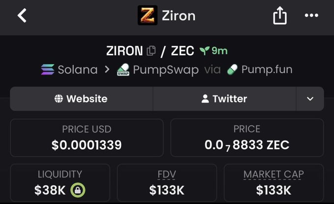 Screenshot of a crypto trading app displaying the Ziron (ZEC) token, showing a price of $0.0001339 USD, liquidity of $38K, FDV of $133K, and a market cap of $133K, available on Solana via PumpSwap and Pump.fun.