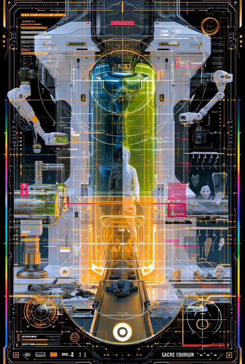 The image features a poster with a futuristic scene that includes a robot and a person inside a room, surrounded by various technological elements such as a computer screen and a robot arm. The poster also contains text that reads "Day 140 of daily drops on @TransientLabs is GENESIS OVERRIDE This piece asks, Is this evolution or forewarning? as we move into an era of AI controlling our everything, is this the future?".