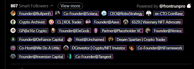 A screenshot displaying "807 Smart Followers" from a "Smart Followers" list (Powered by @frontrunpro), featuring notable crypto figures such as "Founder@BullpenFi," "Co-Founder@Solana," "CEO@RoboStrategy," and "ex-CTO CoinBase," alongside other industry leaders like the "Founder@Aave" and "Deqin Spartan | Crypto Trader." This aligns with the post's claim that the creator of a major 7+ year-old Solana project, now launching on @RobinhoodCrypto, has an impressive roster of high-profile crypto followers.