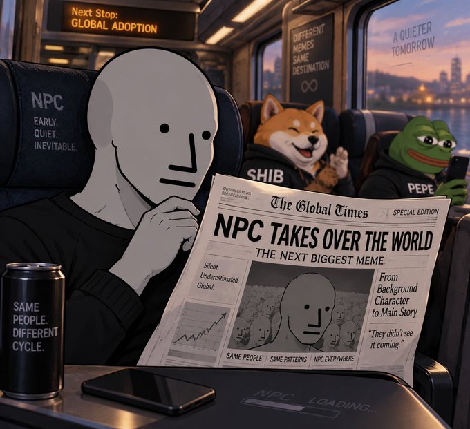 A digital illustration shows an NPC character reading 'The Global Times' newspaper with the headline 'NPC TAKES OVER THE WORLD: THE NEXT BIGGEST MEME' while sitting next to Shiba Inu and Pepe characters on a train.