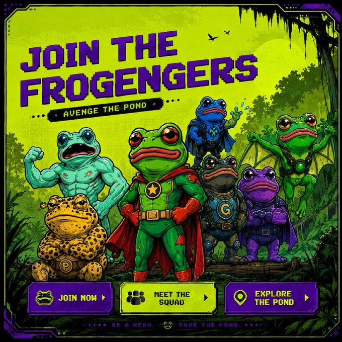 A retro pixel-art poster titled "Join the Frogengers: Avenge the Pond" showcases a team of superhero frogs, with a central green frog leader wearing a star emblem and red cape, flanked by buff, villain-like, and caped frog allies. The image ties into the post's promotion of "$GENGERS," with the star emblem and letter-marked characters (P, G) playing on the ticker and reinforcing the meme's branding alongside calls to action like "Join Now," "Meet the Squad," and "Explore the Pond."