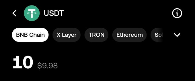 The image shows a cryptocurrency wallet displaying a balance of 10 USDT (Tether) valued at $9.98, with the option to view it across multiple blockchains including BNB Chain, X Layer, TRON, and Ethereum. This appears to be a screenshot celebrating a small USDT balance, likely in response to a crypto giveaway or promotion mentioned in the post.