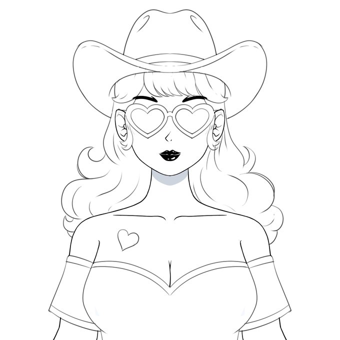 A black and white line art illustration of a woman wearing a cowboy hat, heart-shaped sunglasses, and an off-shoulder top with a small heart tattoo on her chest.