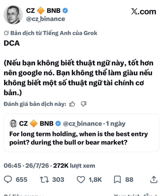 A screenshot of a tweet from CZ @cz_binance written in Vietnamese, asking about 'DCA' (Dollar Cost Averaging) in relation to long-term holding during bull or bear markets.