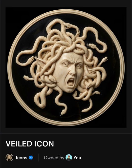 An NFT profile picture titled 'VEILED ICON' from the 'Icons' collection, depicting a Medusa-style design with a screaming face and snakes for hair.