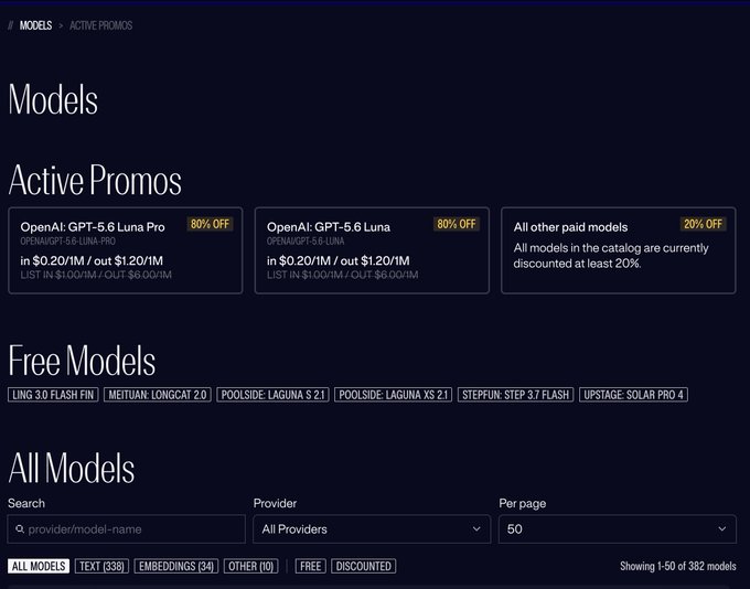 A dark-themed web page listing AI models, including 'OpenAI: GPT-5.6 Luna Pro' and 'OpenAI: GPT-5.6 Luna' both marked '80% OFF' under Active Promos, alongside Free Models like 'LING 3.0 FLASH FIN' and 'POOLSIDE: LAGUNA 2.1'.