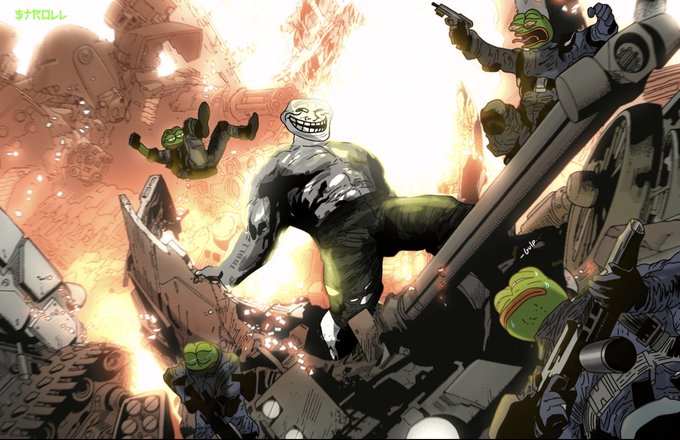 Action-packed comic illustration featuring a muscular figure with a trollface grin in battle gear amidst explosions, with Pepe the Frog characters in the scene and Japanese text 'オナでロリL' in the corner.