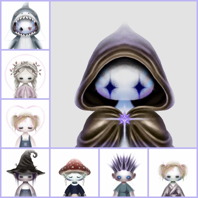 A collection of stylized anime-style character illustrations, featuring a central hooded figure with glowing purple eyes surrounded by smaller character portraits including a shark-hooded figure, a girl with flowers, and other fantasy characters.