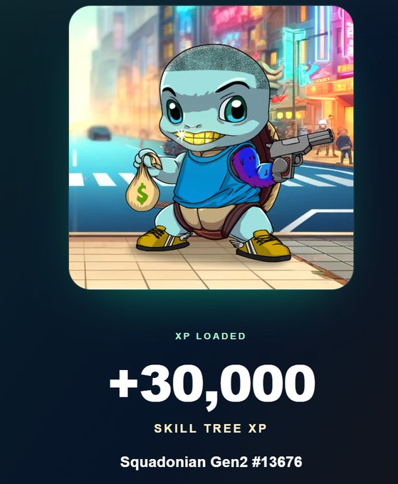 An achievement card displays a cartoon turtle character holding a money bag and a gun in a cyberpunk city setting, with text reading 'XP LOADED +30,000 SKILL TREE XP' and 'SquadoGen2 #13676'.