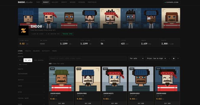 Screenshot of the BADDOR Studio NFT marketplace profile, displaying a floor price of 0.02 ETH, volume of 1.1399 ETH, and listings of pixel-art characters with series numbers like ZADOR #0073, ZADOR #0078, ZADOR #0090, ZADOR #0091, and ZADOR #0899.