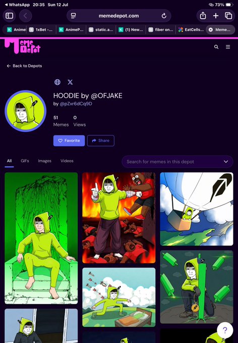 A mobile browser screenshot of memedepot.com showing a 'HOODIE by @OFJAKE' collection by @pzxr6dCq9D, with a grid of meme images featuring a character in a green hooded outfit.