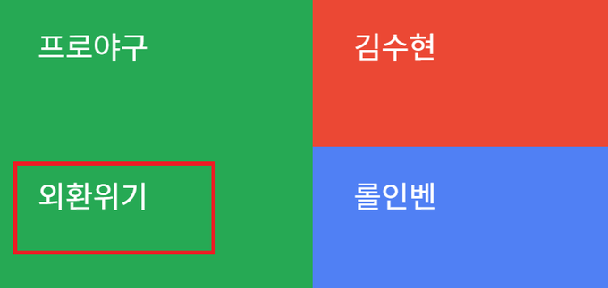 A four-quadrant color grid with Korean names: '프로야구' (green), '김수현' (red), '외환위기' (green, highlighted with red box), and '롤인벤' (blue).